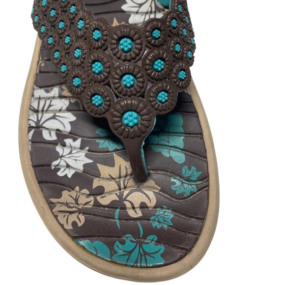 Womens Size 6 Flip Flops -Brown & Teal Aqualite Flip With Floral Print Embellish - Picture 2 of 6
